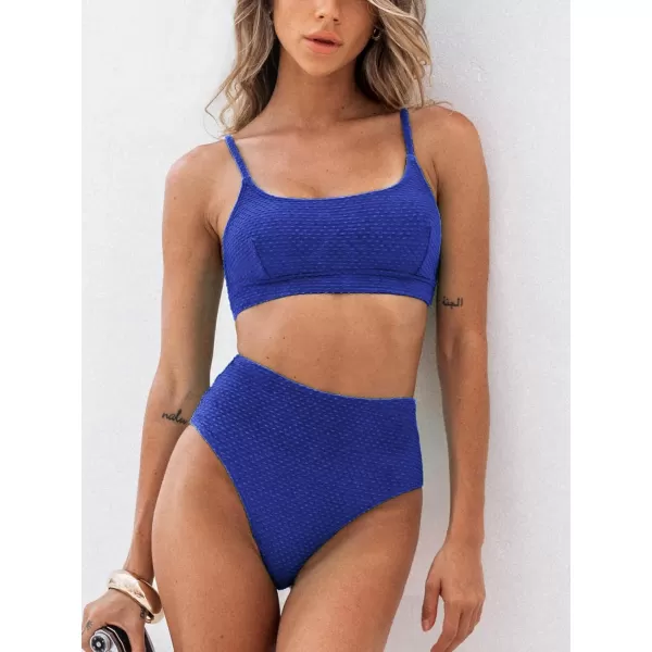imageCUPSHE Women Swimsuit Bikini Set High Waisted Ribbed Texture Widen Trim Two Piece Bathing SuitNavy Blue