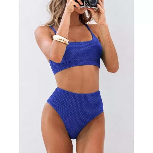 imageCUPSHE Women Swimsuit Bikini Set High Waisted Ribbed Texture Widen Trim Two Piece Bathing SuitNavy Blue