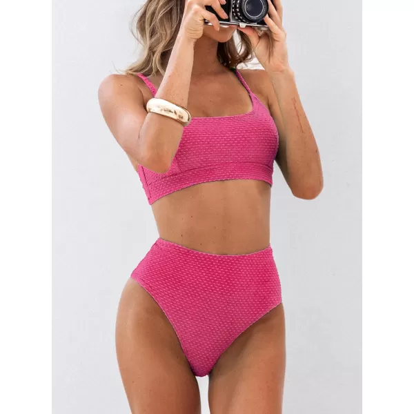 imageCUPSHE Women Swimsuit Bikini Set High Waisted Ribbed Texture Widen Trim Two Piece Bathing SuitPink