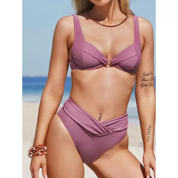 imageCUPSHE Women Swimsuit Bikini Set High Waisted Ruched Cheeky Two Piece Bathing Suit with UnderwirePeriwinkle