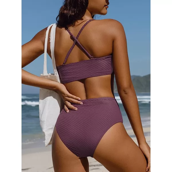 imageCUPSHE Women Swimsuit Bikini Set High Waisted Ruched Textured Patchwork Two Piece Bathing SuitDark Mauve
