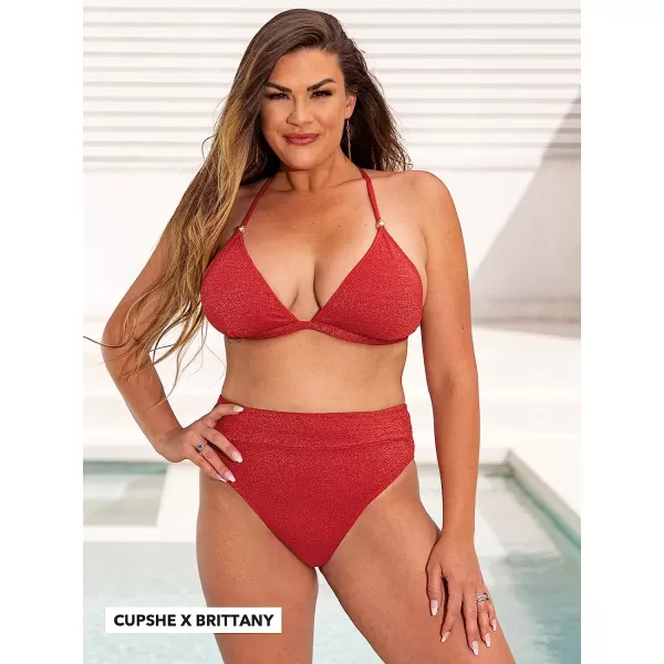 imageCUPSHE Women Swimsuit Bikini Set High Waisted Tie Back High Cut Two Piece Bathing SuitRed