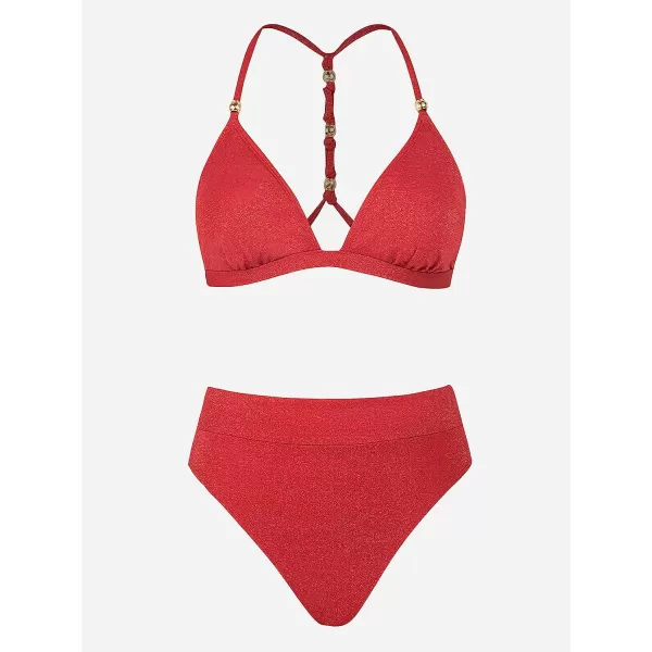 imageCUPSHE Women Swimsuit Bikini Set High Waisted Tie Back High Cut Two Piece Bathing SuitRed