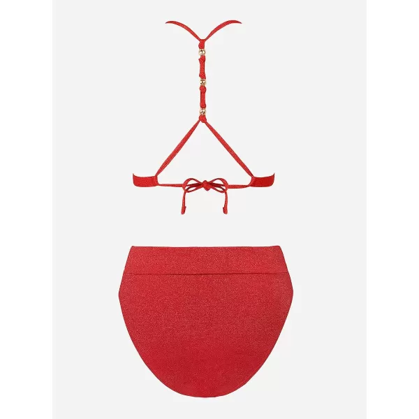 imageCUPSHE Women Swimsuit Bikini Set High Waisted Tie Back High Cut Two Piece Bathing SuitRed
