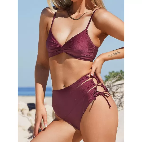 imageCUPSHE Women Swimsuit Bikini Set High Waisted Twisted Side Tie Two Piece Bathing SuitWine Red