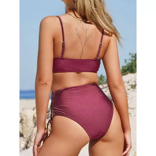 imageCUPSHE Women Swimsuit Bikini Set High Waisted Twisted Side Tie Two Piece Bathing SuitWine Red