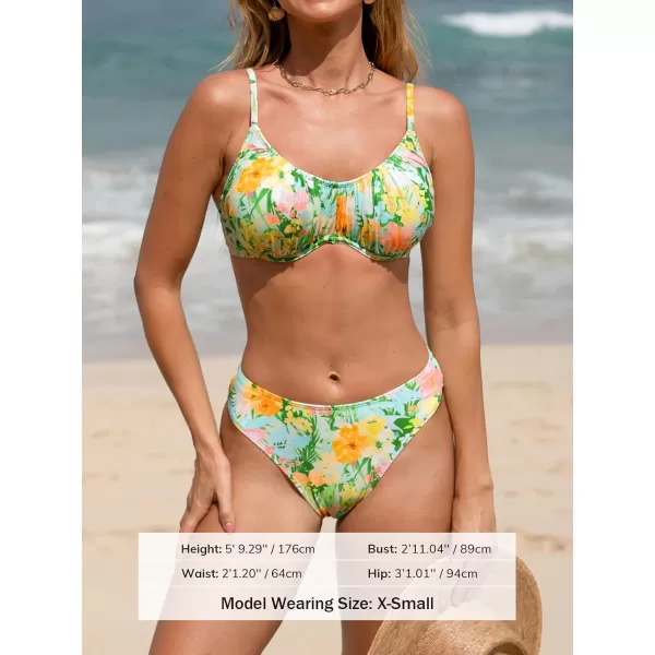 imageCUPSHE Women Swimsuit Bikini Set Push Up Ruched Cheeky Floral Bathing SuitGreen  Floral