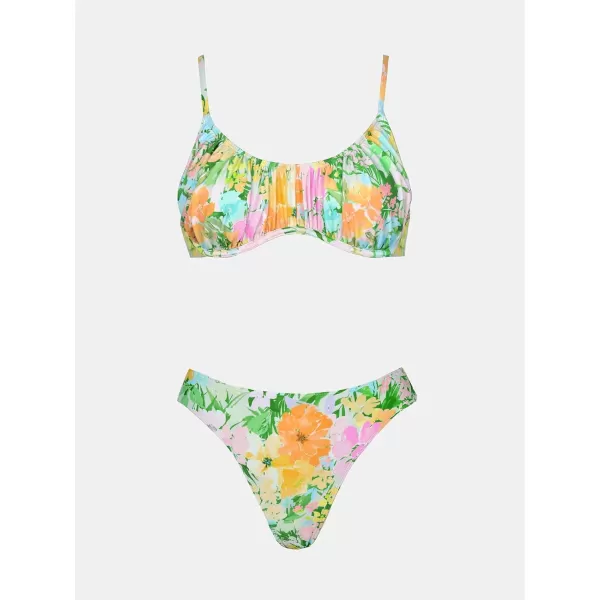 imageCUPSHE Women Swimsuit Bikini Set Push Up Ruched Cheeky Floral Bathing SuitGreen  Floral