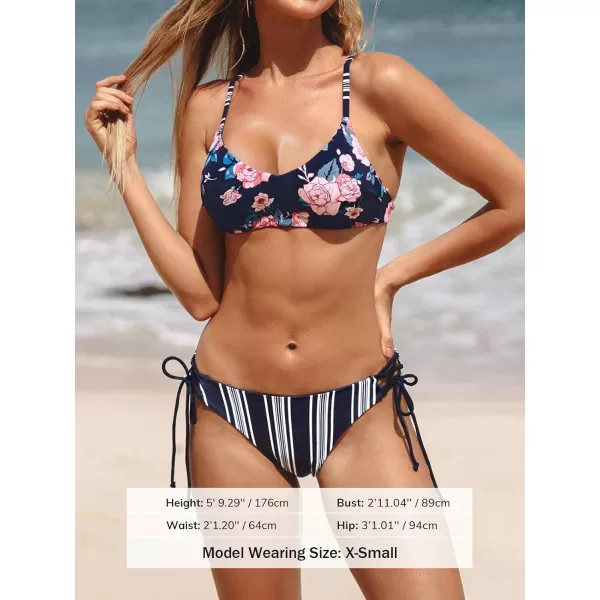 imageCUPSHE Women Swimsuit Bikini Set Reversible Crisscross Tie Back Striped Bathing Suit with Strappy SideNavy Blue