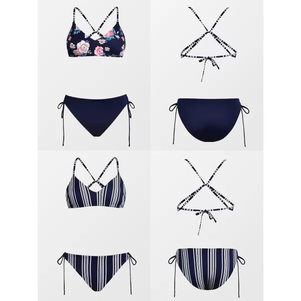 imageCUPSHE Women Swimsuit Bikini Set Reversible Crisscross Tie Back Striped Bathing Suit with Strappy SideNavy Blue