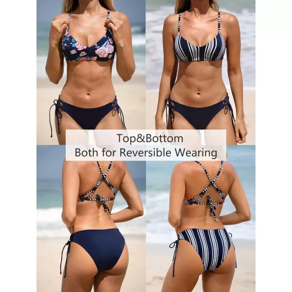 imageCUPSHE Women Swimsuit Bikini Set Reversible Crisscross Tie Back Striped Bathing Suit with Strappy SideNavy Blue