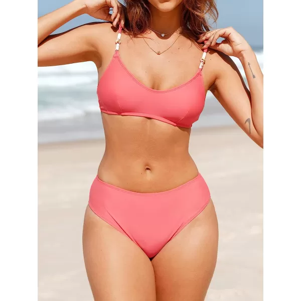 imageCUPSHE Women Swimsuit Bikini Set Scoop Neck Mid Rise Two Piece Bathing Suit with Standard CoveragePink