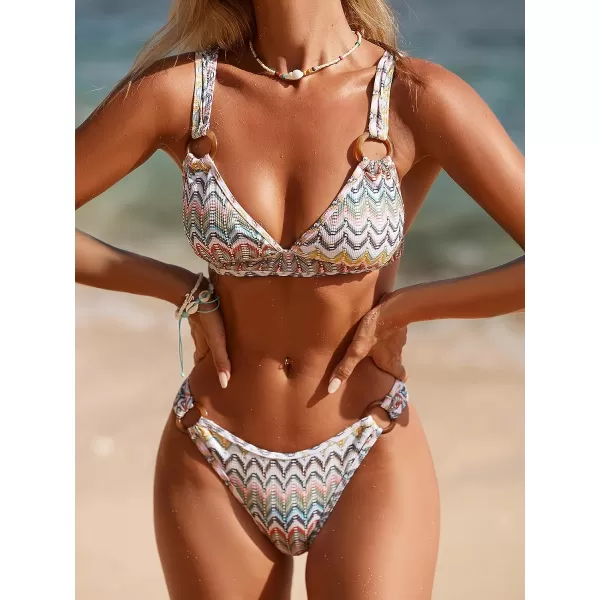 imageCUPSHE Women Swimsuit Bikini Set Textured O Ring Cheeky Bathing Suit with Fixed Wide StrapsWhite  Rainbow