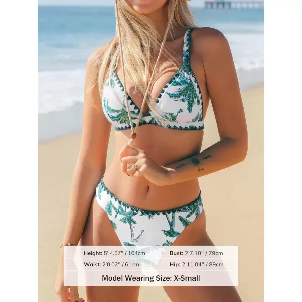 imageCUPSHE Women Swimsuit Bikini Set Triangle Cheeky Tropical Print Shell Stitched Bathing SuitWhite  Tropical