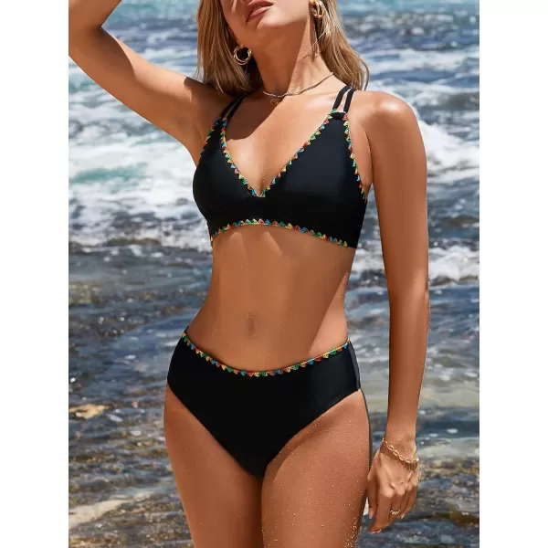 imageCUPSHE Women Swimsuit Bikini Set Triangle Mid Rise Crisscross Tie Back Two Piece Bathing SuitBlack