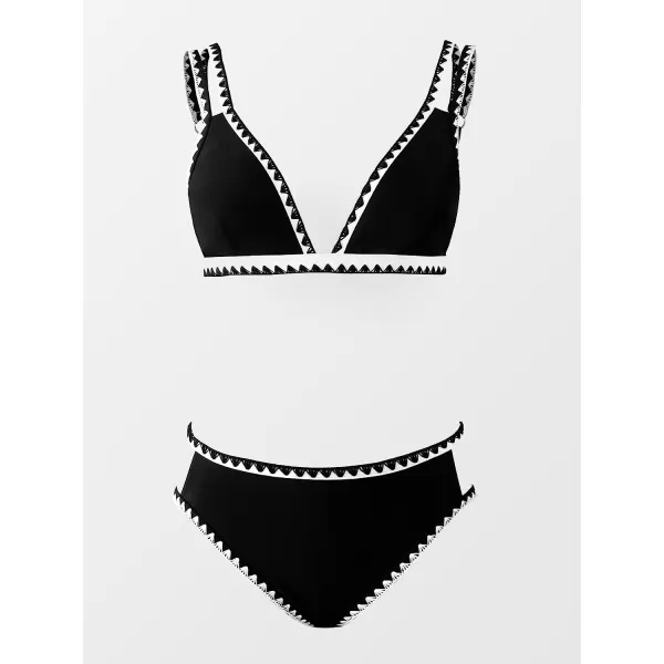 imageCUPSHE Women Swimsuit Bikini Set Triangle Top Mid Rise Cutout Two Piece Bathing Suit with Shell Stitch BandBlack
