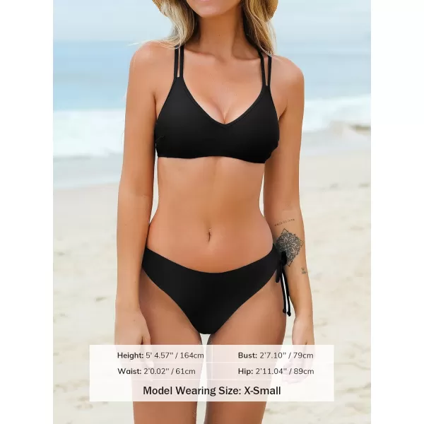 imageCUPSHE Women Swimsuit Bikini Set Two Piece Bathing Suit Criss Cross Back Strappy Side with Double Spaghetti StrapsBlack