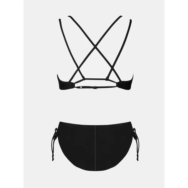 imageCUPSHE Women Swimsuit Bikini Set Two Piece Bathing Suit Criss Cross Back Strappy Side with Double Spaghetti StrapsBlack