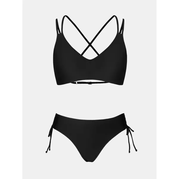 imageCUPSHE Women Swimsuit Bikini Set Two Piece Bathing Suit Criss Cross Back Strappy Side with Double Spaghetti StrapsBlack