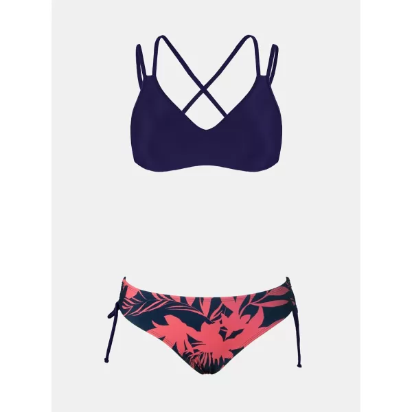 imageCUPSHE Women Swimsuit Bikini Set Two Piece Bathing Suit Criss Cross Back Strappy Side with Double Spaghetti StrapsDark Purple  Tropical