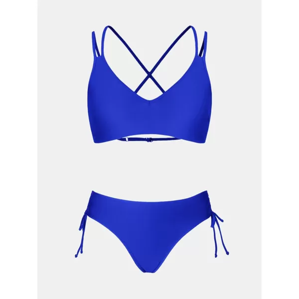 imageCUPSHE Women Swimsuit Bikini Set Two Piece Bathing Suit Criss Cross Back Strappy Side with Double Spaghetti StrapsElectric Blue