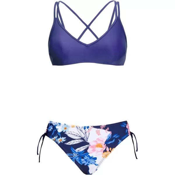 imageCUPSHE Women Swimsuit Bikini Set Two Piece Bathing Suit Criss Cross Back Strappy Side with Double Spaghetti StrapsIndigo BlueFloral