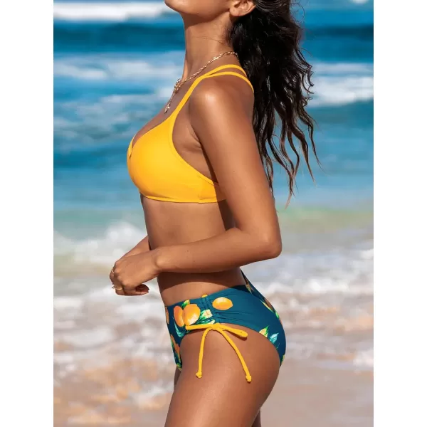 imageCUPSHE Women Swimsuit Bikini Set Two Piece Bathing Suit Criss Cross Back Strappy Side with Double Spaghetti StrapsLemon YellowLemon