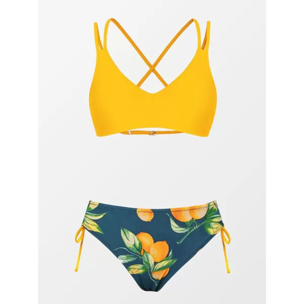 imageCUPSHE Women Swimsuit Bikini Set Two Piece Bathing Suit Criss Cross Back Strappy Side with Double Spaghetti StrapsLemon YellowLemon