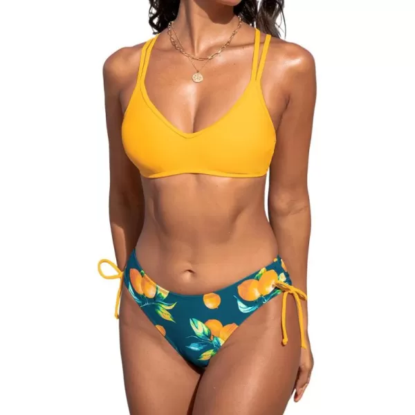 imageCUPSHE Women Swimsuit Bikini Set Two Piece Bathing Suit Criss Cross Back Strappy Side with Double Spaghetti StrapsLemon YellowLemon