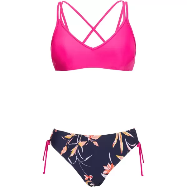 imageCUPSHE Women Swimsuit Bikini Set Two Piece Bathing Suit Criss Cross Back Strappy Side with Double Spaghetti StrapsMagentaFloral