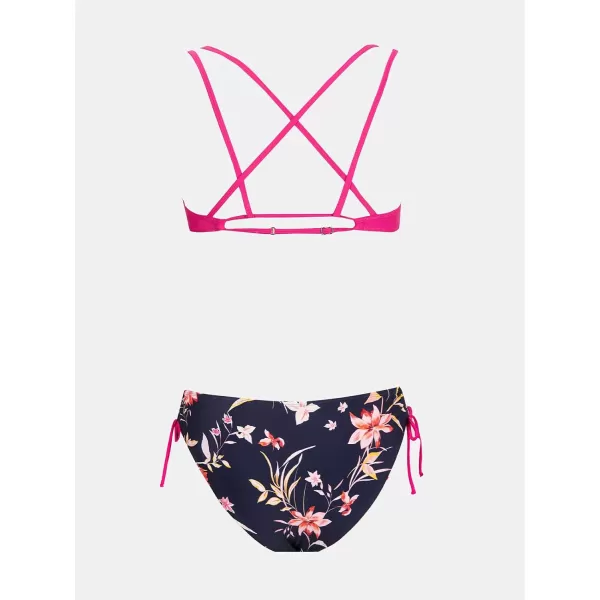 imageCUPSHE Women Swimsuit Bikini Set Two Piece Bathing Suit Criss Cross Back Strappy Side with Double Spaghetti StrapsMagentaFloral