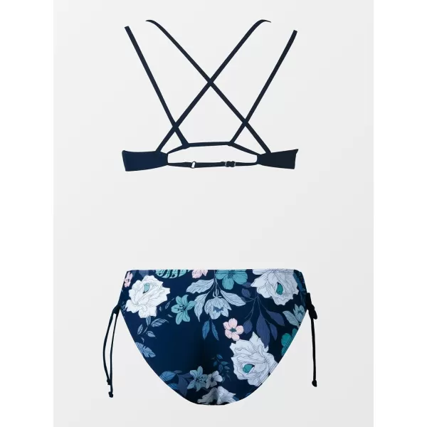 imageCUPSHE Women Swimsuit Bikini Set Two Piece Bathing Suit Criss Cross Back Strappy Side with Double Spaghetti StrapsNavy  Floral