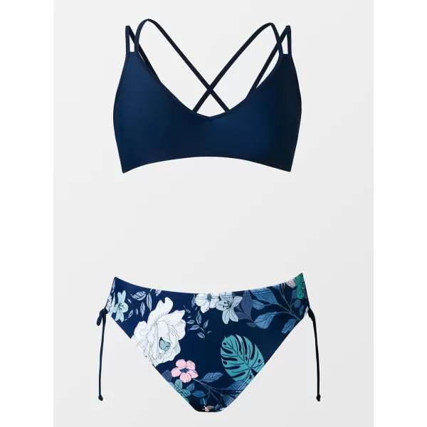 imageCUPSHE Women Swimsuit Bikini Set Two Piece Bathing Suit Criss Cross Back Strappy Side with Double Spaghetti StrapsNavy  Floral
