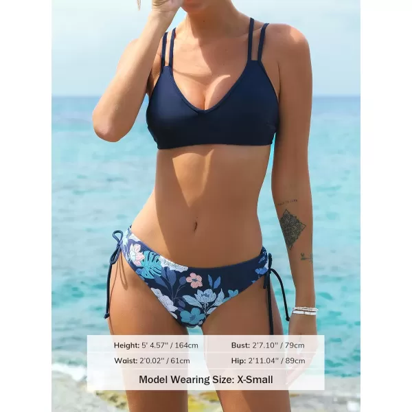 imageCUPSHE Women Swimsuit Bikini Set Two Piece Bathing Suit Criss Cross Back Strappy Side with Double Spaghetti StrapsNavy  Floral