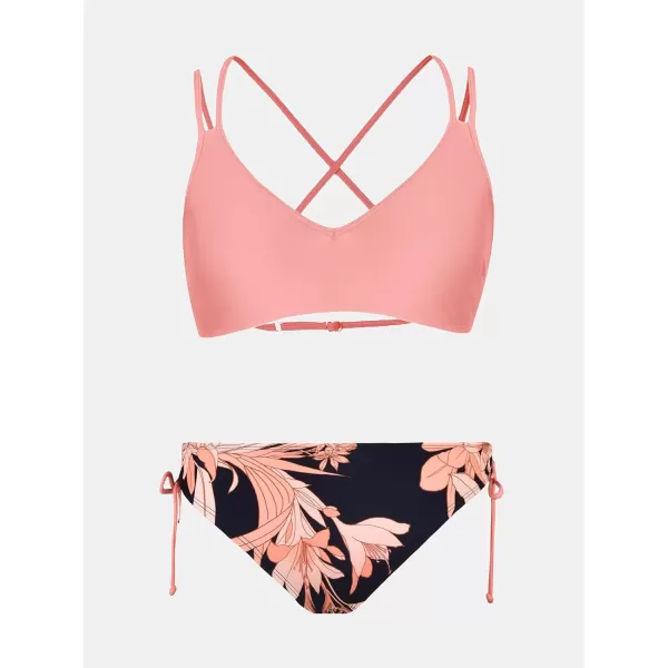 imageCUPSHE Women Swimsuit Bikini Set Two Piece Bathing Suit Criss Cross Back Strappy Side with Double Spaghetti StrapsPink  Floral
