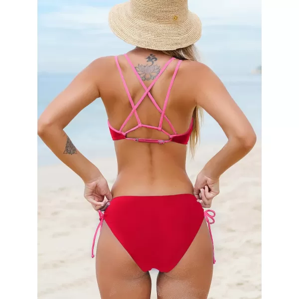 imageCUPSHE Women Swimsuit Bikini Set Two Piece Bathing Suit Criss Cross Back Strappy Side with Double Spaghetti StrapsRed
