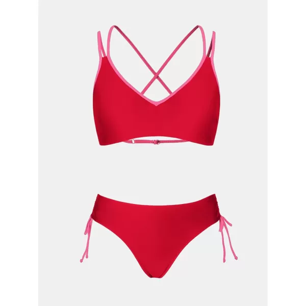 imageCUPSHE Women Swimsuit Bikini Set Two Piece Bathing Suit Criss Cross Back Strappy Side with Double Spaghetti StrapsRed