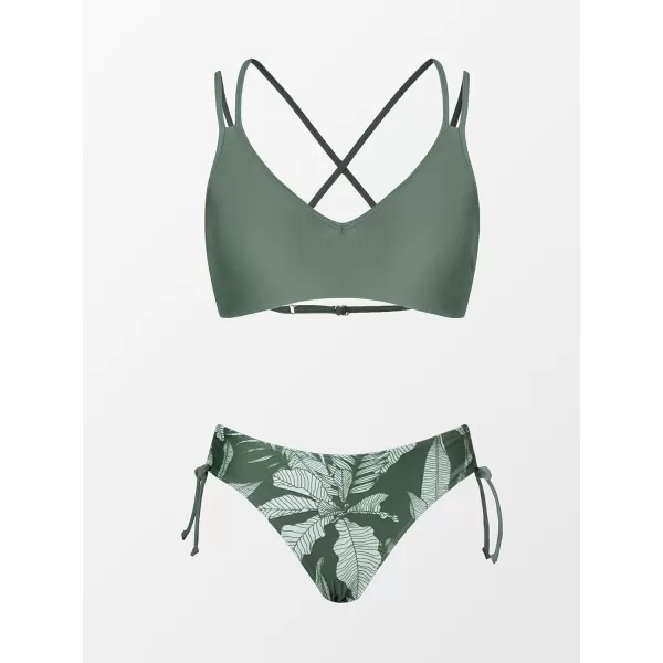 imageCUPSHE Women Swimsuit Bikini Set Two Piece Bathing Suit Criss Cross Back Strappy Side with Double Spaghetti StrapsSage Green  Tropical