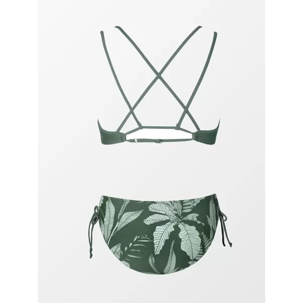 imageCUPSHE Women Swimsuit Bikini Set Two Piece Bathing Suit Criss Cross Back Strappy Side with Double Spaghetti StrapsSage Green  Tropical