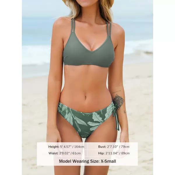 imageCUPSHE Women Swimsuit Bikini Set Two Piece Bathing Suit Criss Cross Back Strappy Side with Double Spaghetti StrapsSage Green  Tropical