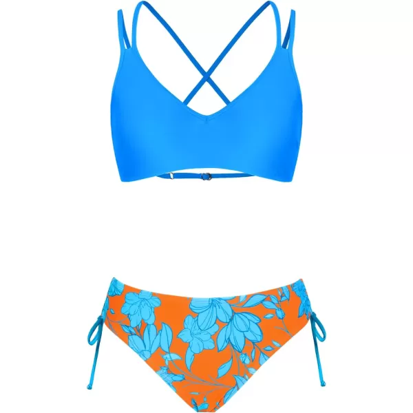 imageCUPSHE Women Swimsuit Bikini Set Two Piece Bathing Suit Criss Cross Back Strappy Side with Double Spaghetti StrapsSky BlueOrange