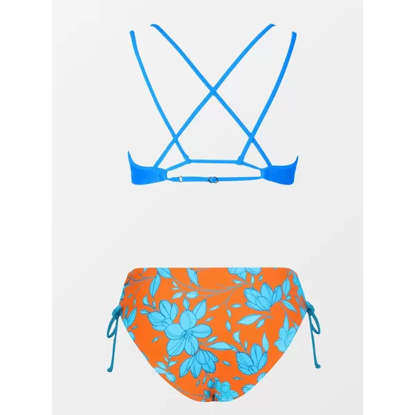 imageCUPSHE Women Swimsuit Bikini Set Two Piece Bathing Suit Criss Cross Back Strappy Side with Double Spaghetti StrapsSky BlueOrange