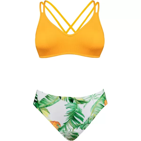 imageCUPSHE Women Swimsuit Bikini Set Two Piece Bathing Suit Criss Cross Back Strappy Side with Double Spaghetti StrapsYellow  Tropical