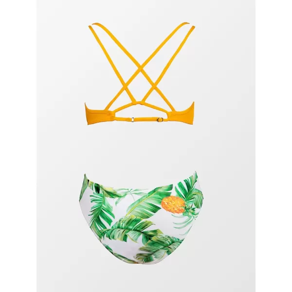 imageCUPSHE Women Swimsuit Bikini Set Two Piece Bathing Suit Criss Cross Back Strappy Side with Double Spaghetti StrapsYellow  Tropical