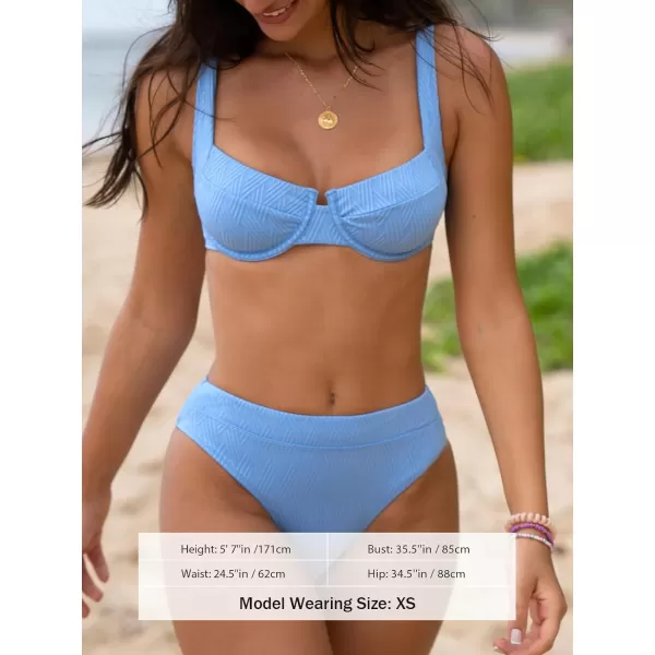 imageCUPSHE Women Swimsuit Bikini Set Two Piece Bathing Suit Push Up Mid Rise Textured SwimwearLight Sky Blue