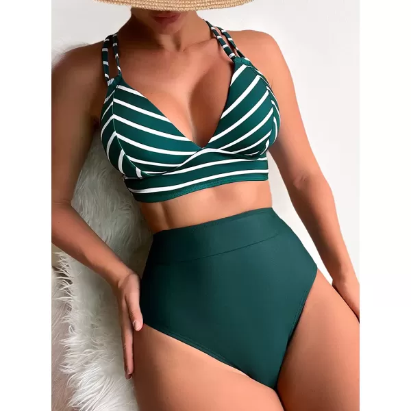 imageCUPSHE Women Swimsuit Bikini Set Two Piece High Waisted Double Straps Crisscross Self Tie Back Striped Bathing SuitDark Green