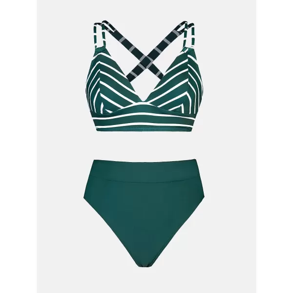 imageCUPSHE Women Swimsuit Bikini Set Two Piece High Waisted Double Straps Crisscross Self Tie Back Striped Bathing SuitDark Green