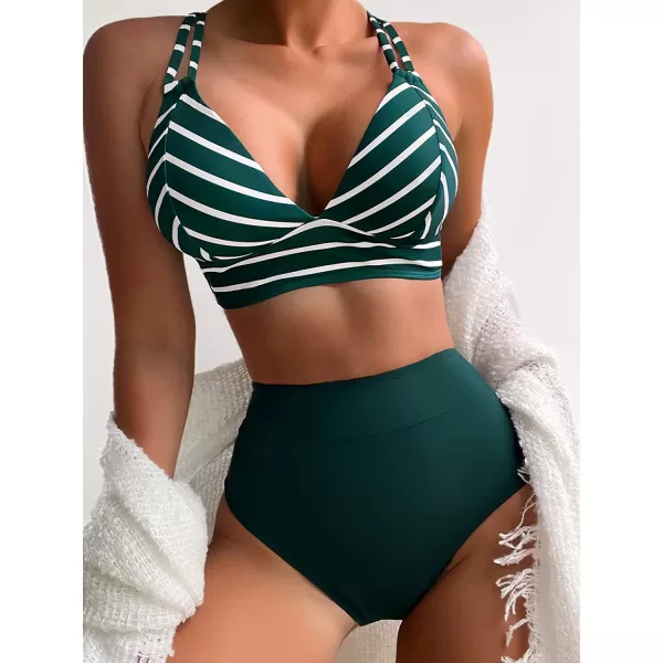 imageCUPSHE Women Swimsuit Bikini Set Two Piece High Waisted Double Straps Crisscross Self Tie Back Striped Bathing SuitDark Green