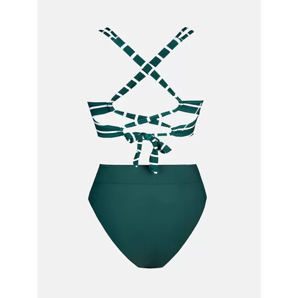 imageCUPSHE Women Swimsuit Bikini Set Two Piece High Waisted Double Straps Crisscross Self Tie Back Striped Bathing SuitDark Green
