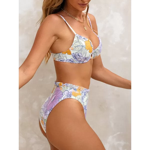 imageCUPSHE Women Swimsuit Bikini Set Two Piece High Waisted Drawstring Floral Bathing Suit with UnderwireLavender